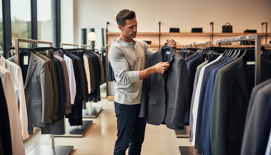 Luxury menswear buyer comparing blazers on garment racks in a showroom