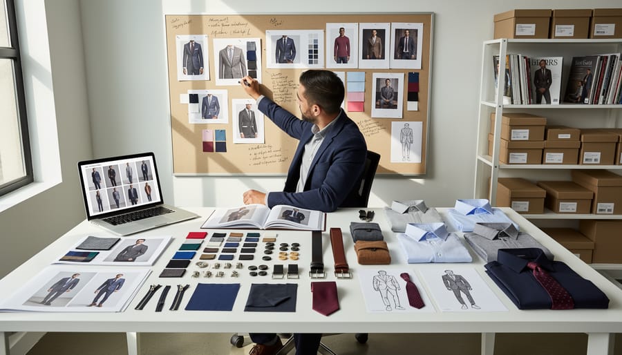 Men's style editor arranging ties and a white shirt on a desk in an office