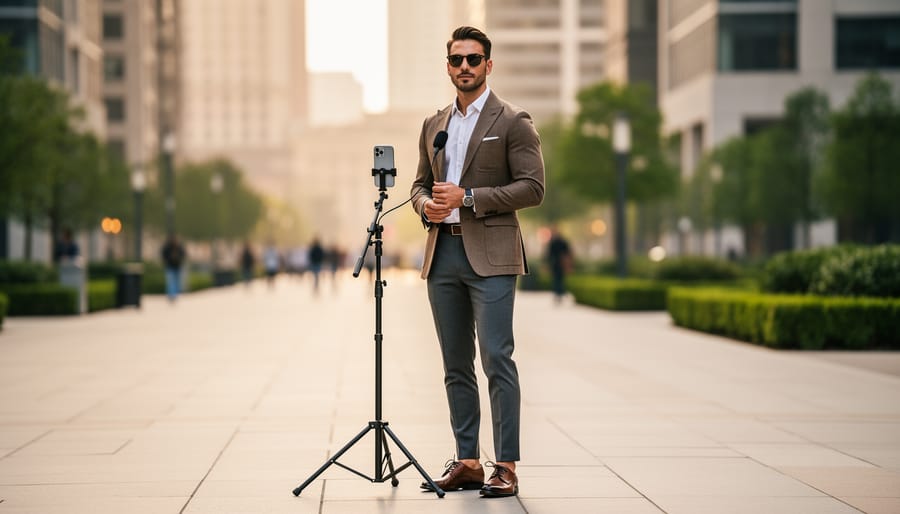 Menswear content creator filming a styled outfit outdoors with a smartphone on a tripod