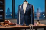A navy suit on a dress form with leather derby shoes, shoemaking tools, measuring tape, and a fragrance bottle on a wooden workbench, photographed in a softly lit fashion workshop.