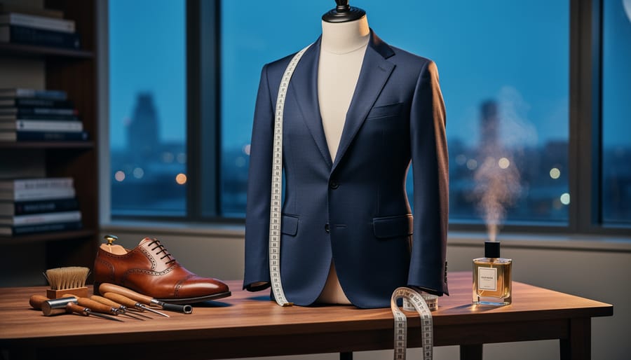 A navy suit on a dress form with leather derby shoes, shoemaking tools, measuring tape, and a fragrance bottle on a wooden workbench, photographed in a softly lit fashion workshop.