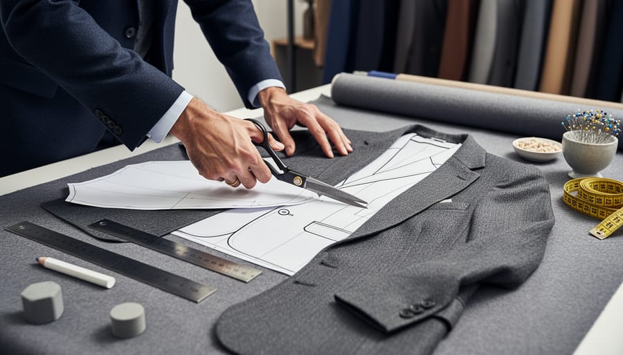 Menswear designer pinning fabric to a pattern board in a studio with a blazer on a mannequin nearby