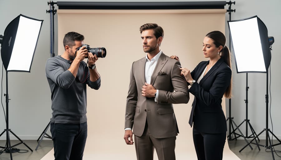 Fashion photographer directing a model in a tailored menswear photoshoot