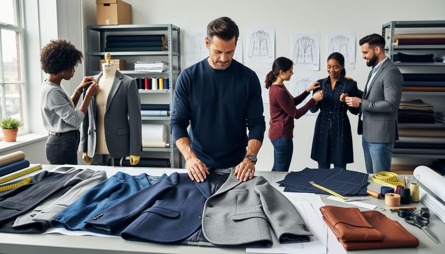 Menswear brand founder inspecting fabric samples in a workshop with team activity in background