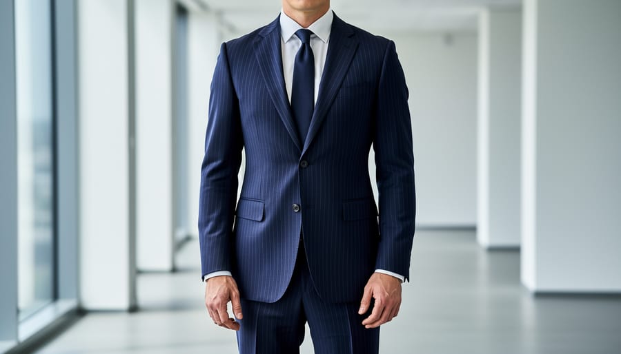 Navy pinstripe suit jacket laid out with a white shirt and dark tie