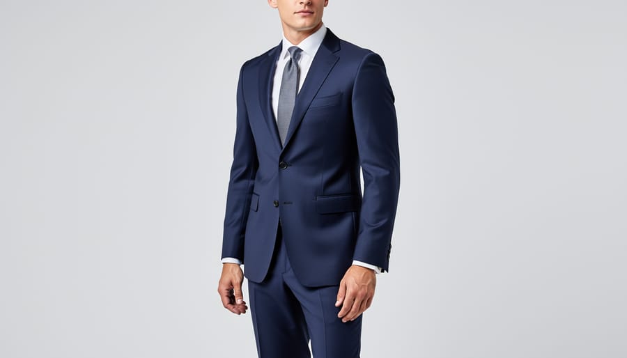 Navy single-breasted suit laid out with a white dress shirt and navy tie on a garment rack