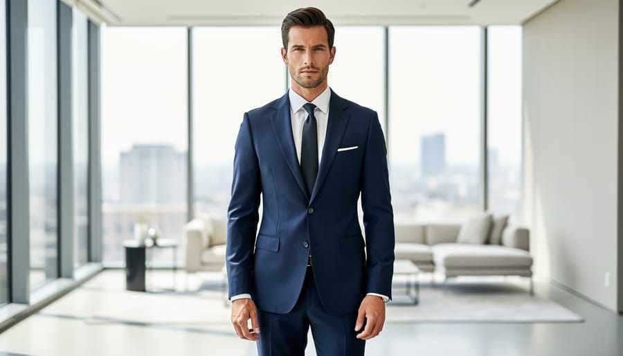 Modern man in a navy suit standing in a bright city lobby, adjusting his pocket square.
