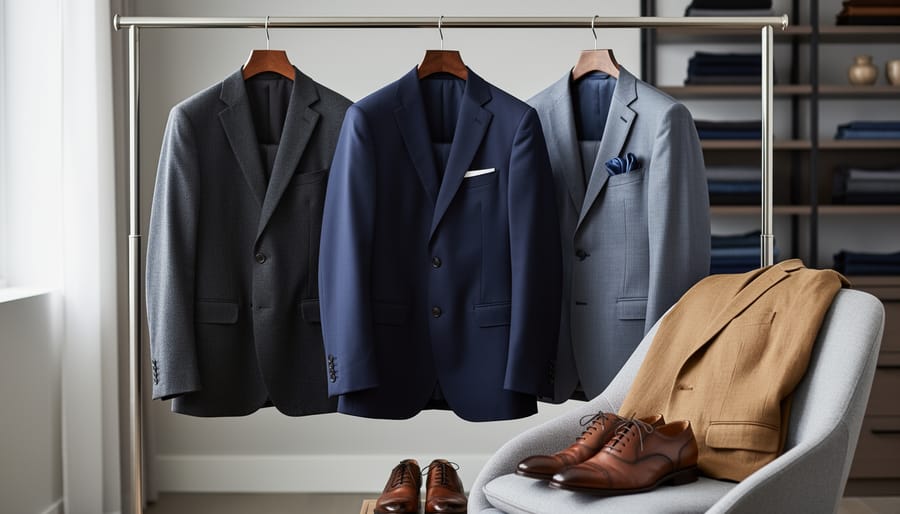 A modern wardrobe scene showing several suit jackets in different colors with leather shoes and a pocket square, suggesting a curated nine-suit men’s collection.