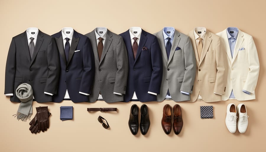 A wooden suit rack displaying multiple suit colors and patterns including navy, charcoal, gray flannel, light gray, brown, and pinstripe.