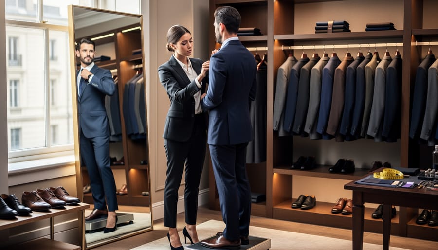 Personal stylist adjusting a client's suit in a luxury dressing room
