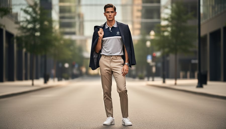 Man wearing a polo shirt with a popped collar in a cafe setting