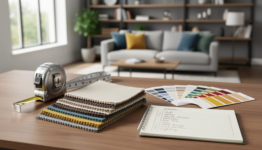 Person using a measuring tape with fabric swatches and planning materials on a table