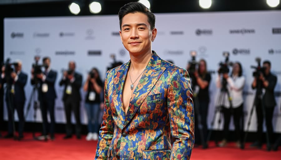 Man wearing a patterned statement suit jacket in warm nighttime restaurant street lighting.