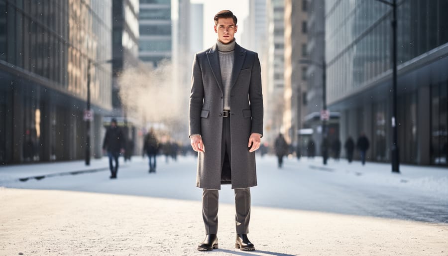 Model wearing a structured pinstripe overcoat outdoors on a city street