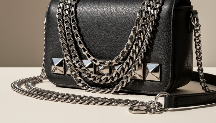 Close-up of studded and chain belts worn by a man