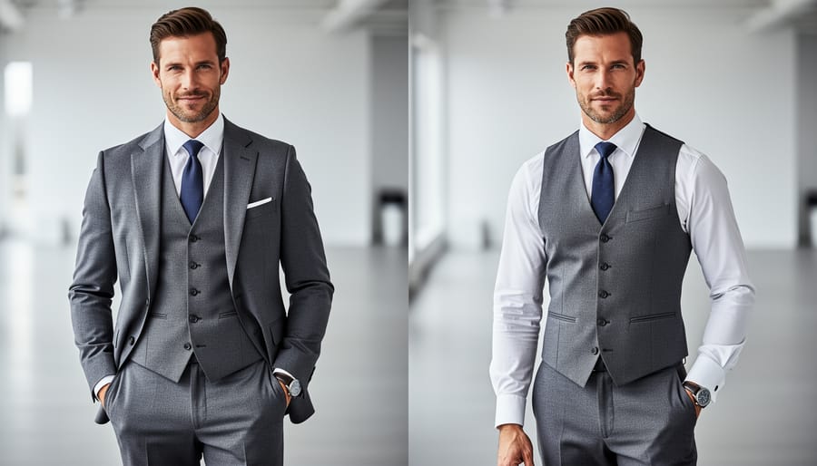 Three-piece suit with jacket and waistcoat displayed on a mannequin with trousers