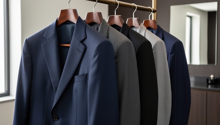 Curated lineup of classic men’s suits—navy, charcoal gray, black, gray, pinstripe, and double-breasted—hung on wooden hangers in a minimalist dressing room.