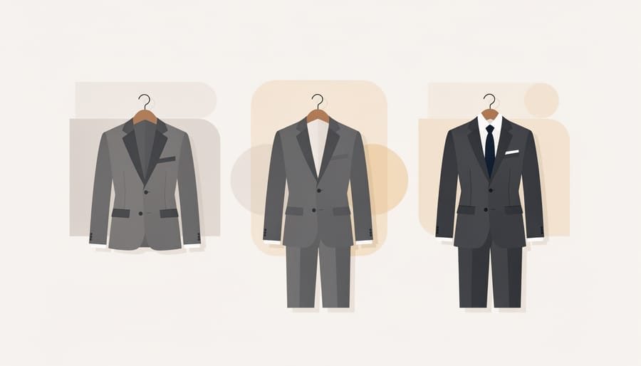 Coordinated collection of classic suit jackets hanging in a wardrobe