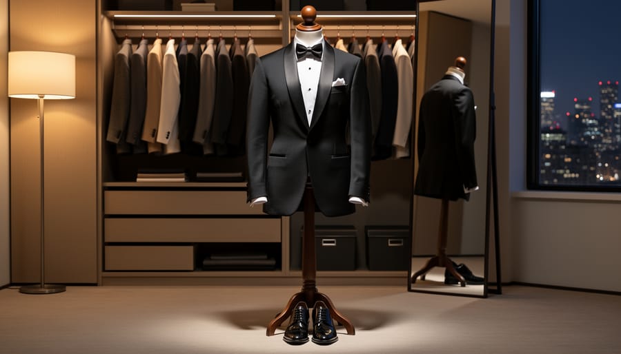 Tuxedo jacket with bow tie, white dress shirt, and polished leather dress shoes arranged on a tailoring bench.