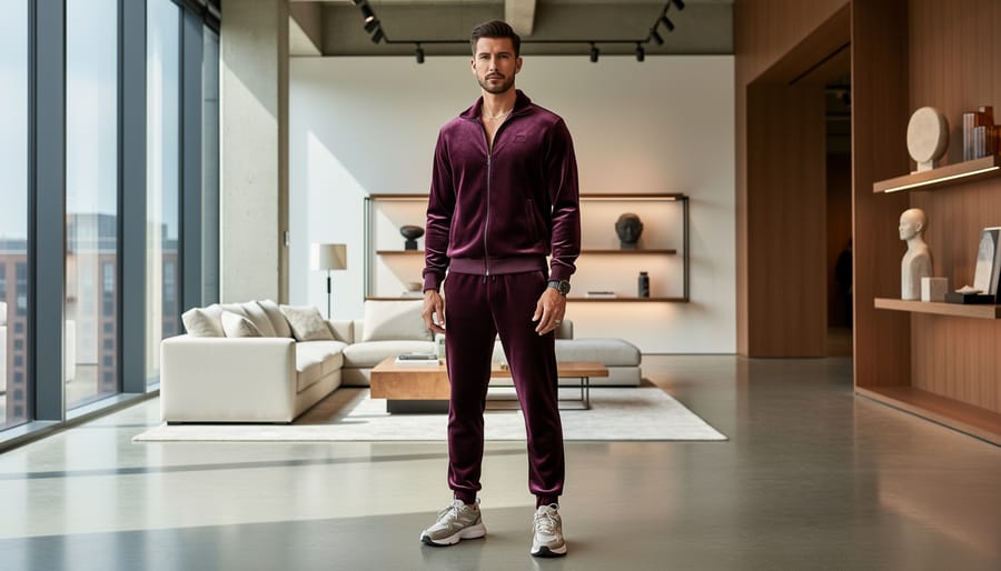 Man wearing a matching velour tracksuit in a gym lobby